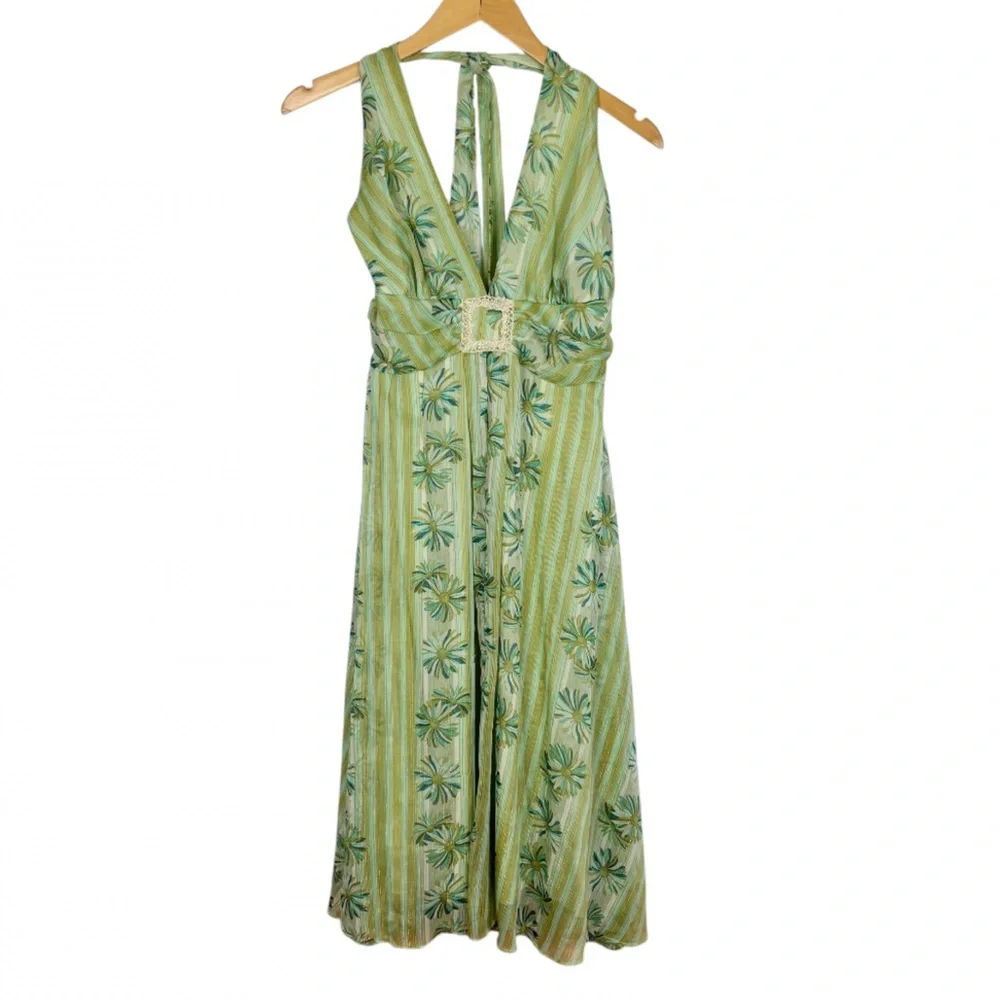 A.P.N.Y Halter Midi Dress Size 10 Green Floral Gold Metallic Fairy Y2K - Picture 7 of 7